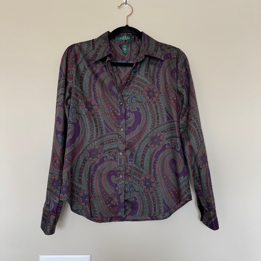 Lauren Ralph Lauren Petite Purple Paisley Cotton Button Down Shirt PM L/S